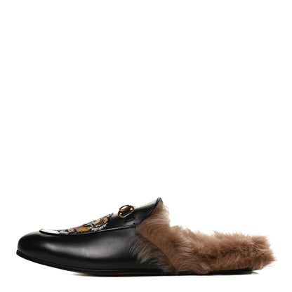 Gucci Calfskin Fur Tiger Embroidered Mens Princetown Slippers 9.5 Black 1 of 11
