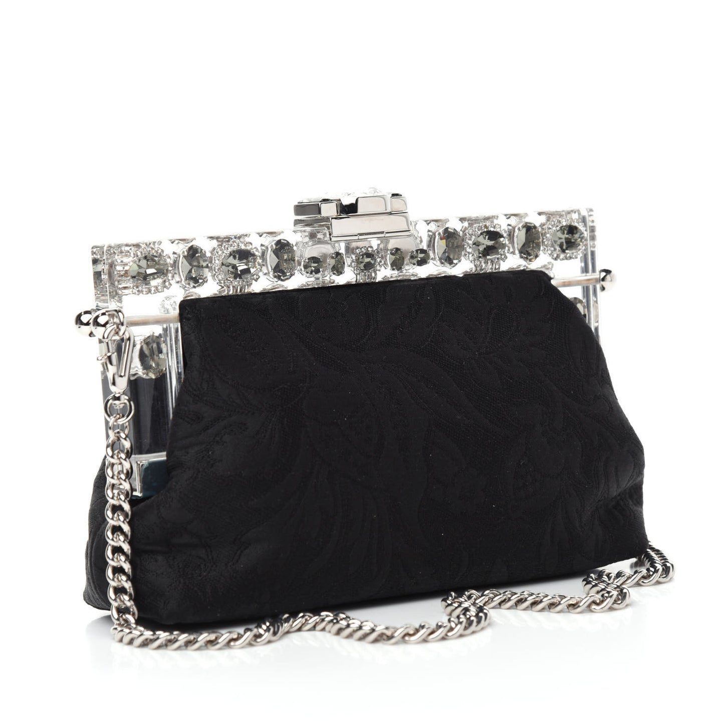Satin Lace Crystal Embellished Plexis Glass Chain Clutch Black