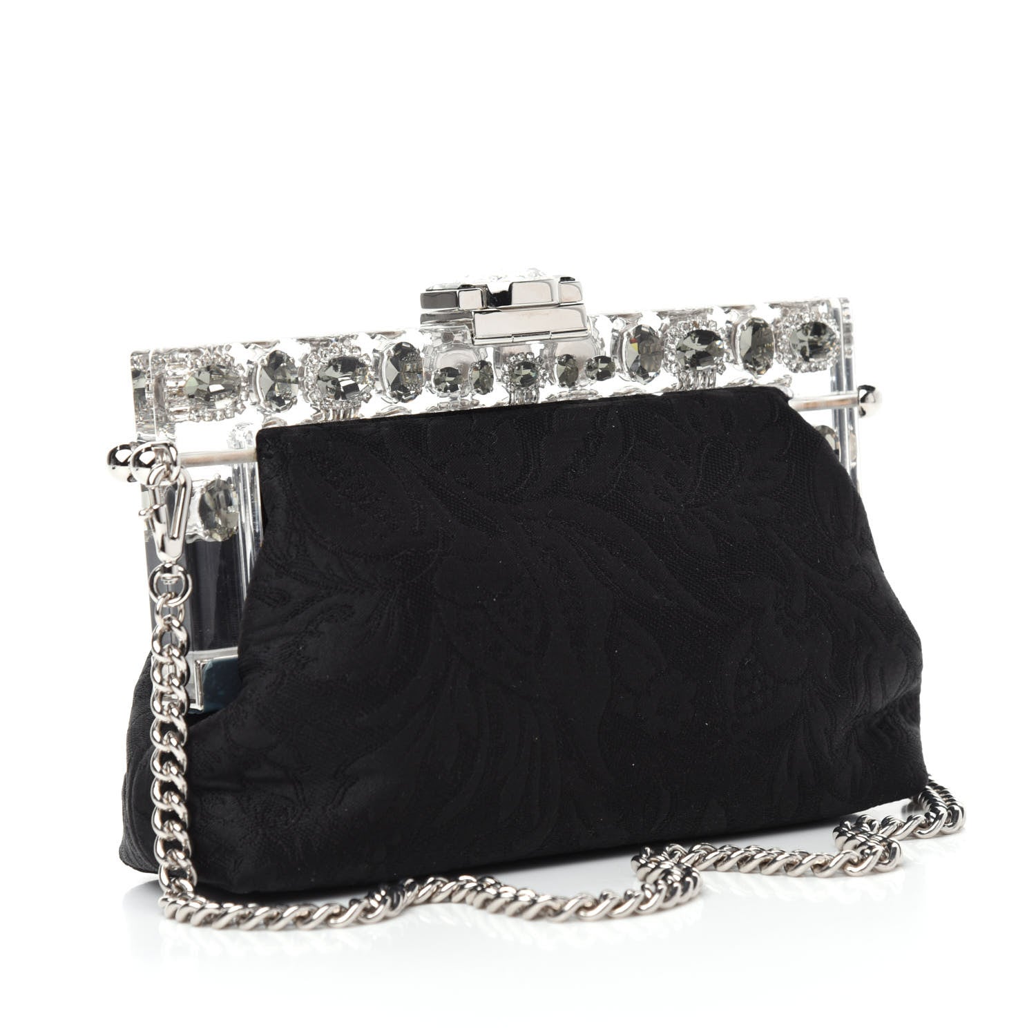 Dolce & Gabbana Satin Lace Crystal Embellished Plexis Glass Chain Clutch Black 3 of 9