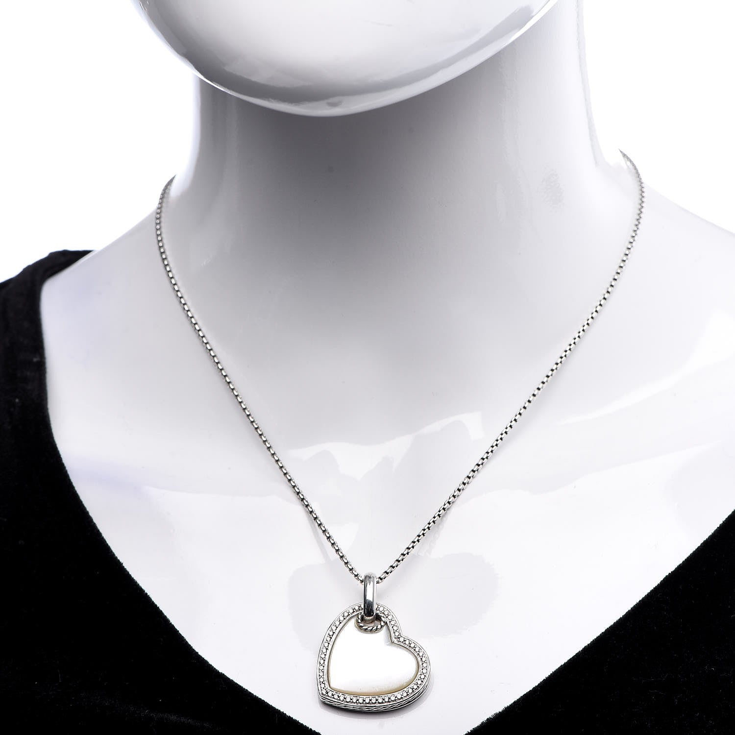 David Yurman Sterling Silver Diamond Mother of Pearl Heart Pendant Necklace 2 of 6