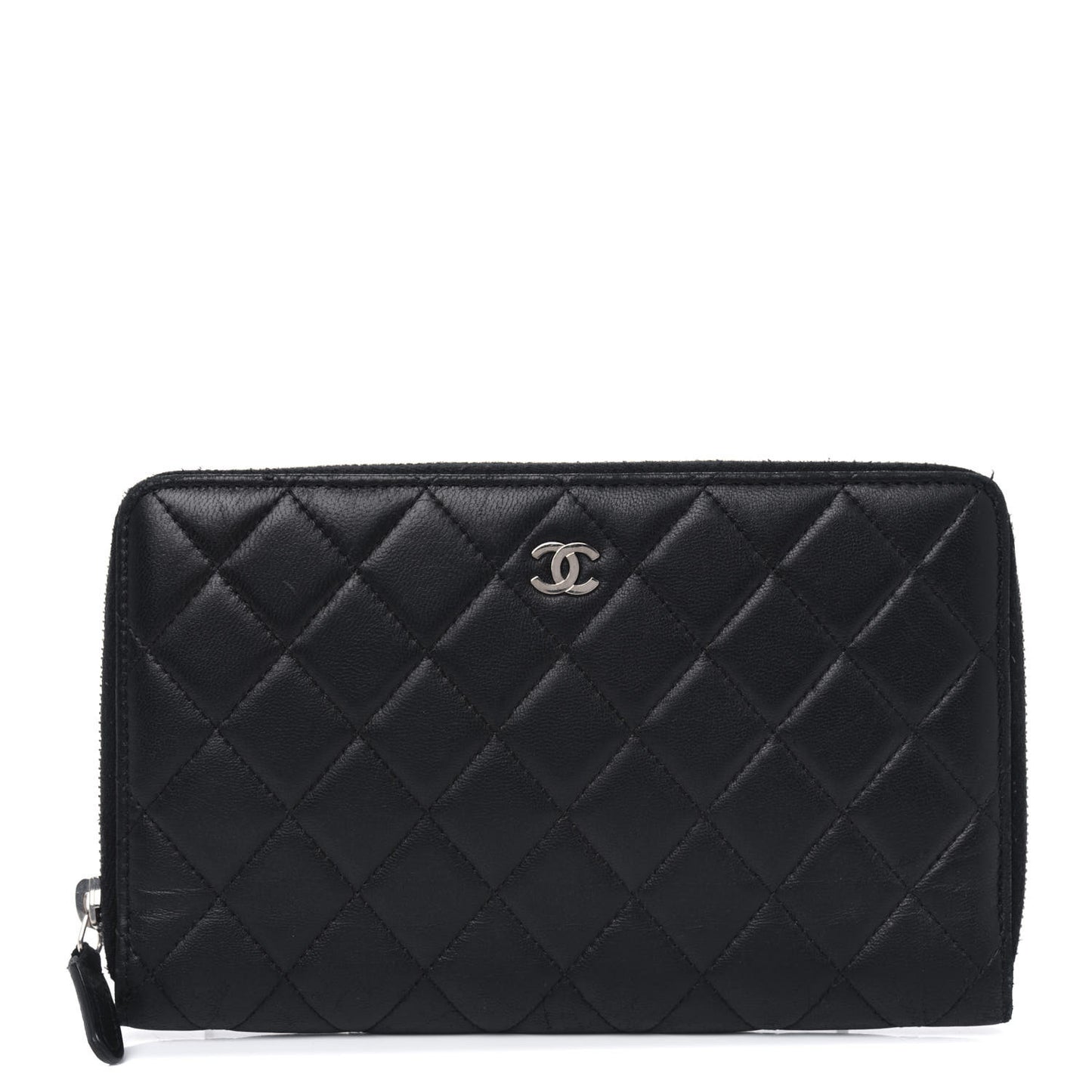 Lambskin Quilted Large Zip Around Organizer Wallet Black