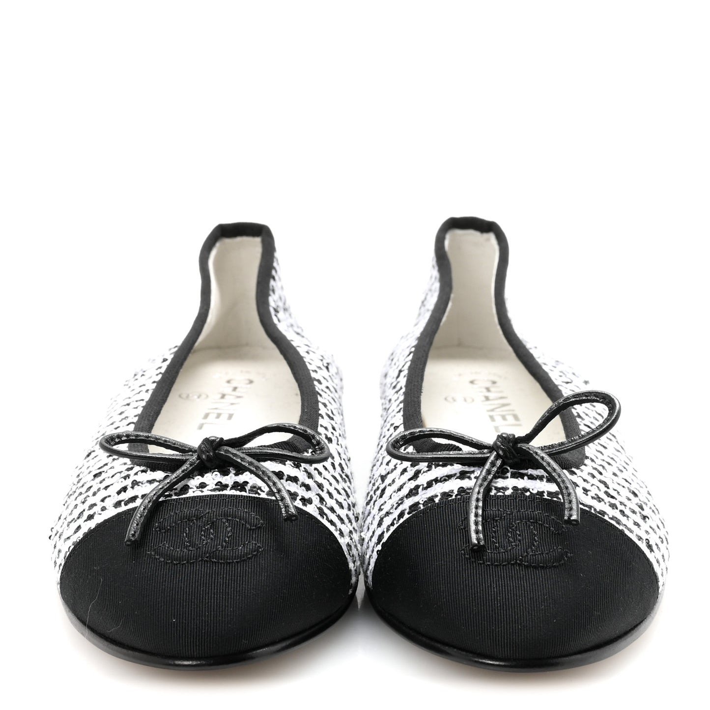Tweed Sequin Grosgrain Cap Toe Ballerina Flats 39 Black White