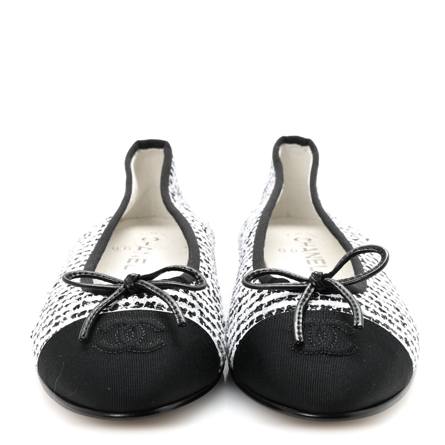 Chanel Tweed Sequin Grosgrain Cap Toe Ballerina Flats 39 Black White 3 of 9
