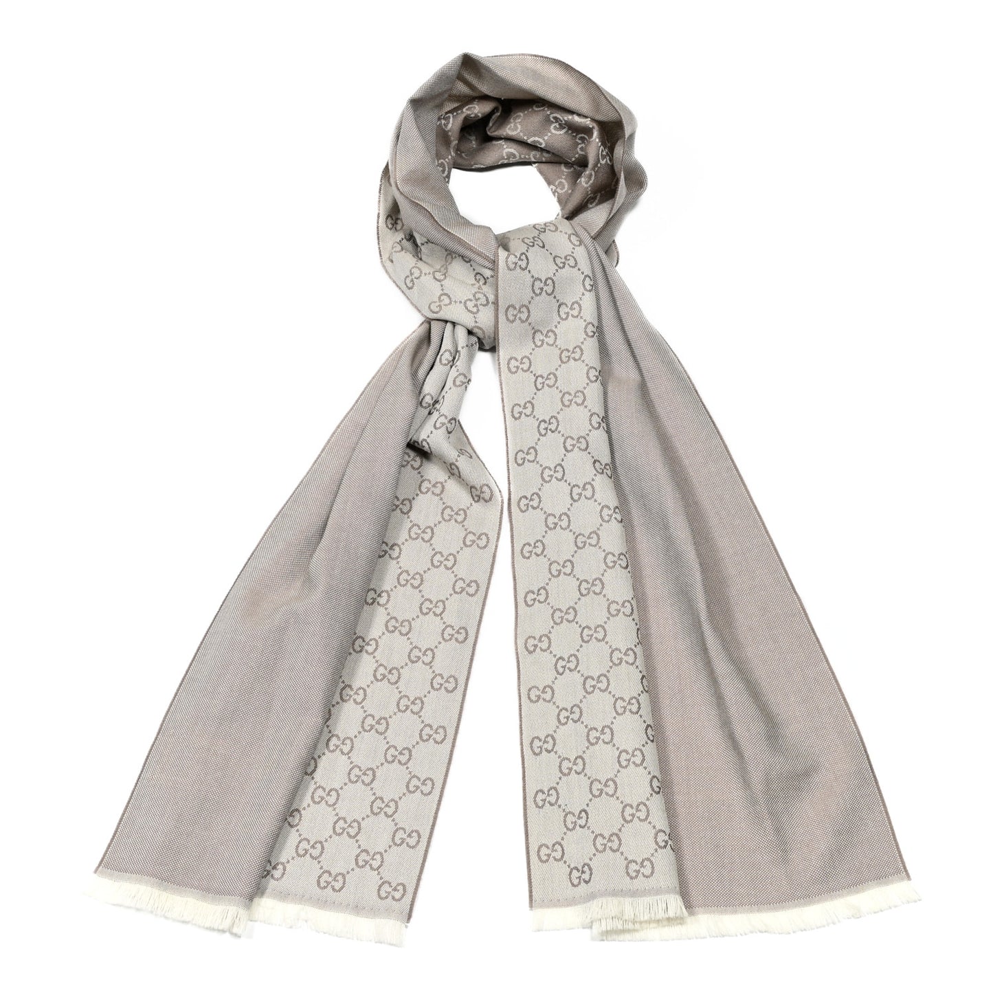 Wool GG Monogram HalfGG Fringe Scarf Ivory Beige