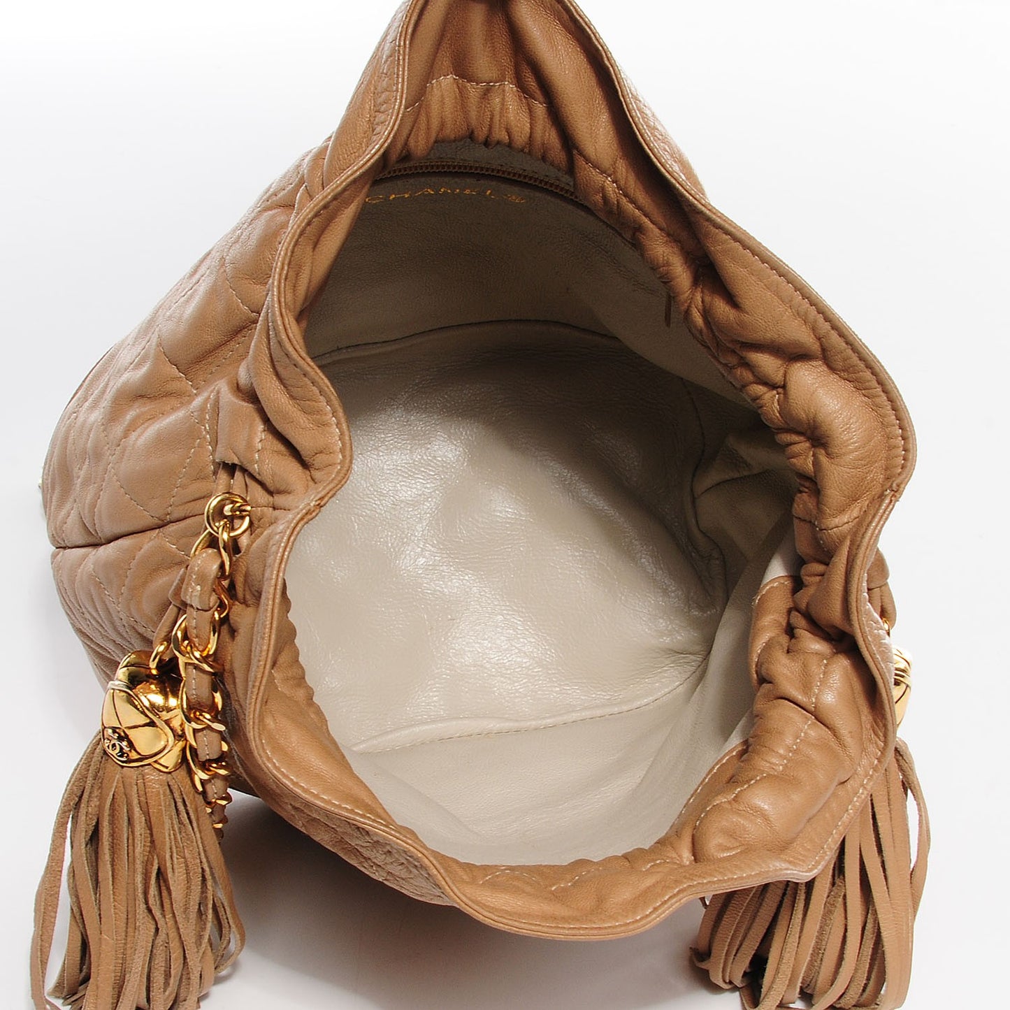 Lambskin Quilted Tassel Drawstring Pouch Beige