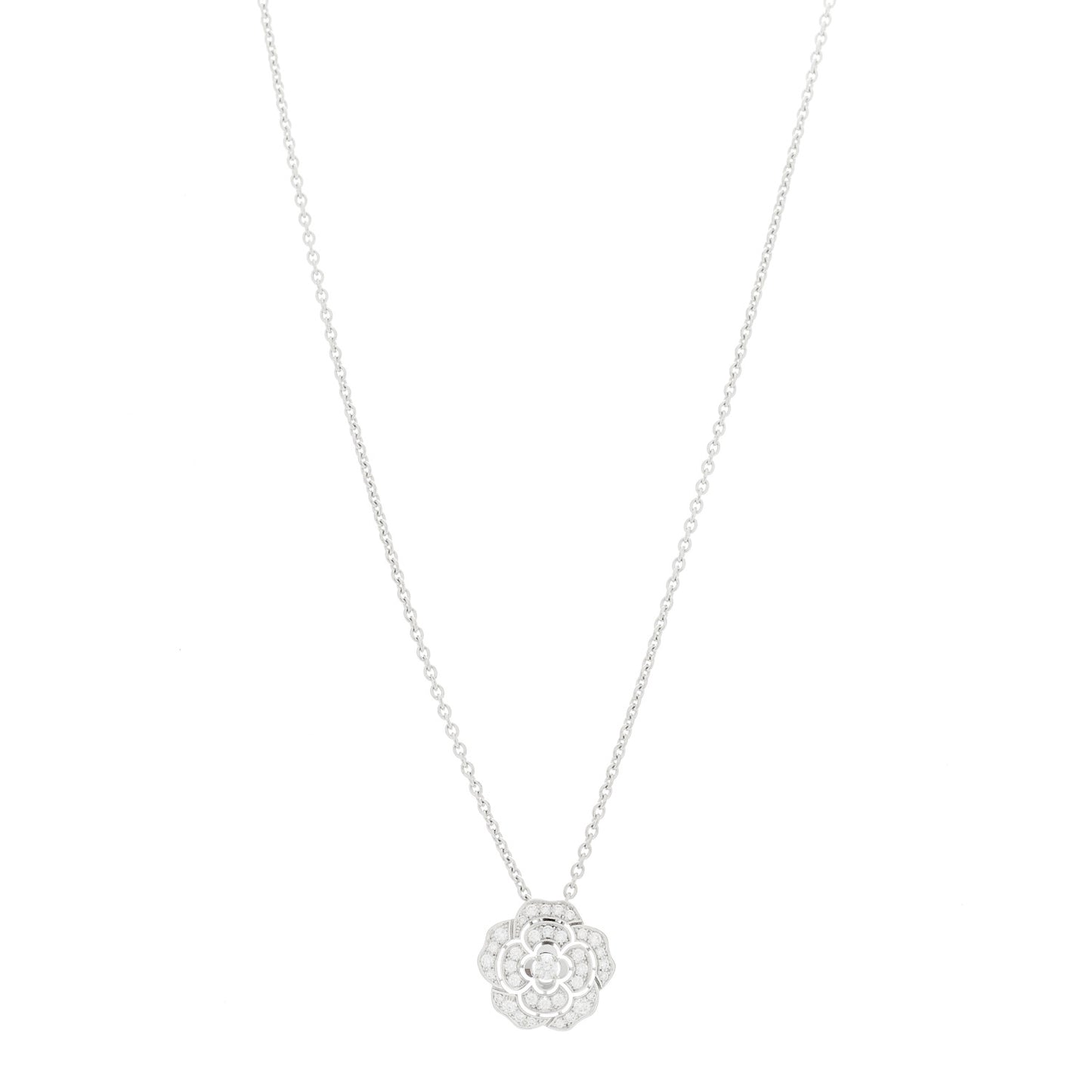 18K White Gold Diamond Bouton de Camelia Pendant Necklace