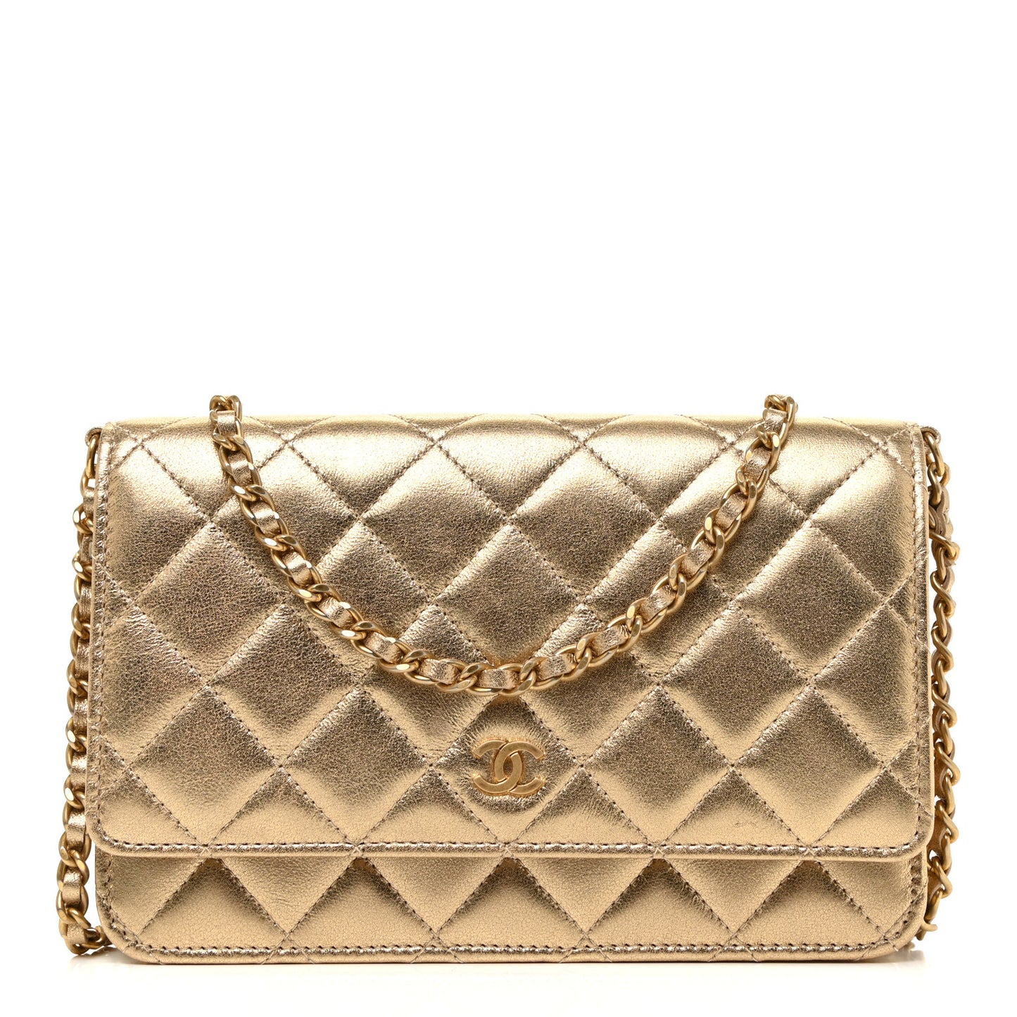 Metallic Lambskin Quilted Wallet On Chain WOC Gold