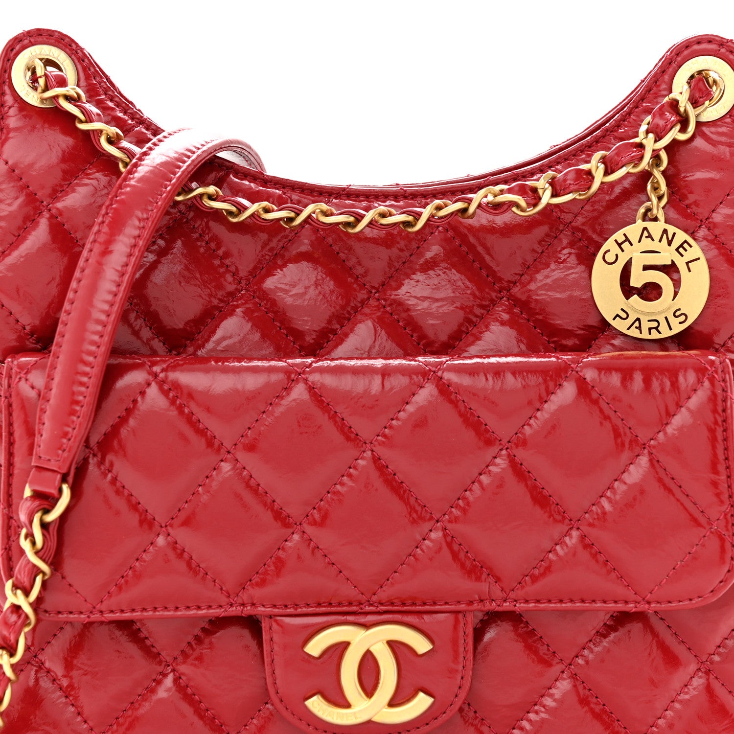 Chanel Shiny Crumpled Calfskin Quilted Wavy CC Hobo Red 8 of 10