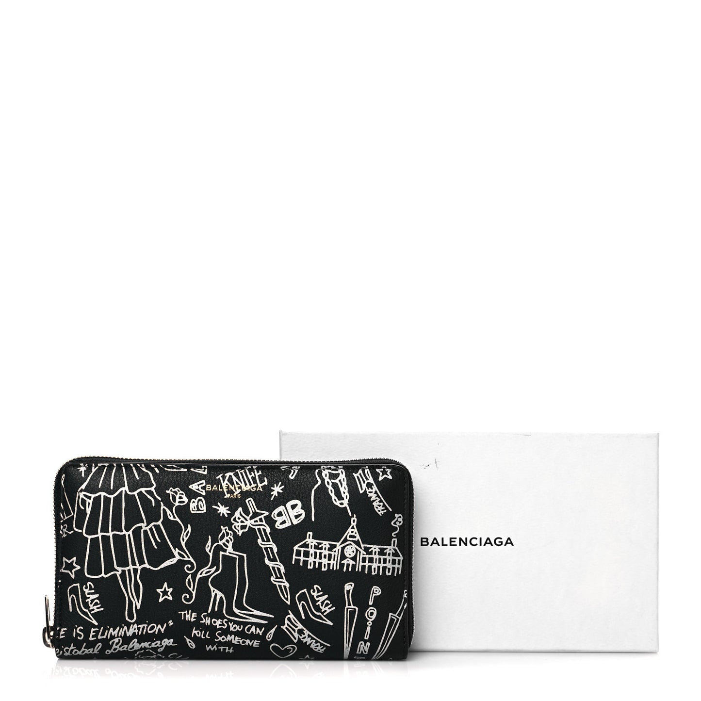 Calfskin Classic Silver Hardware Printed Tattoo Everyday Continental Zip Around Wallet Black