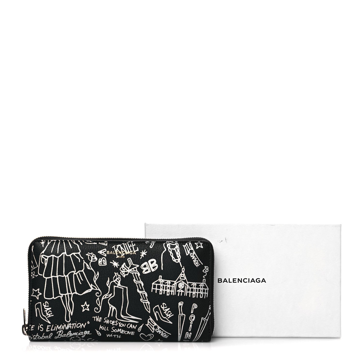 Balenciaga Calfskin Classic Silver Hardware Printed Tattoo Everyday Continental Zip Around Wallet Black 11 of 11