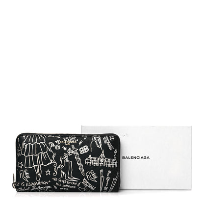Balenciaga Calfskin Classic Silver Hardware Printed Tattoo Everyday Continental Zip Around Wallet Black 11 of 11