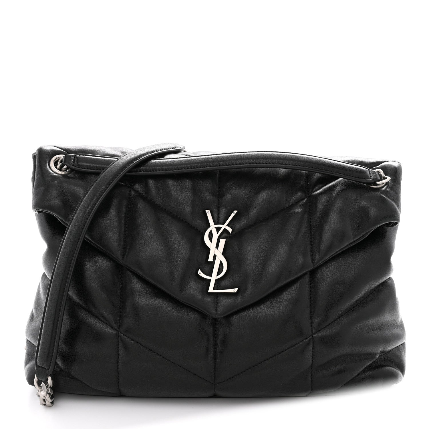 Saint Laurent Lambskin Quilted Medium Loulou Puffer Monogram Chain Satchel Black 1 of 13