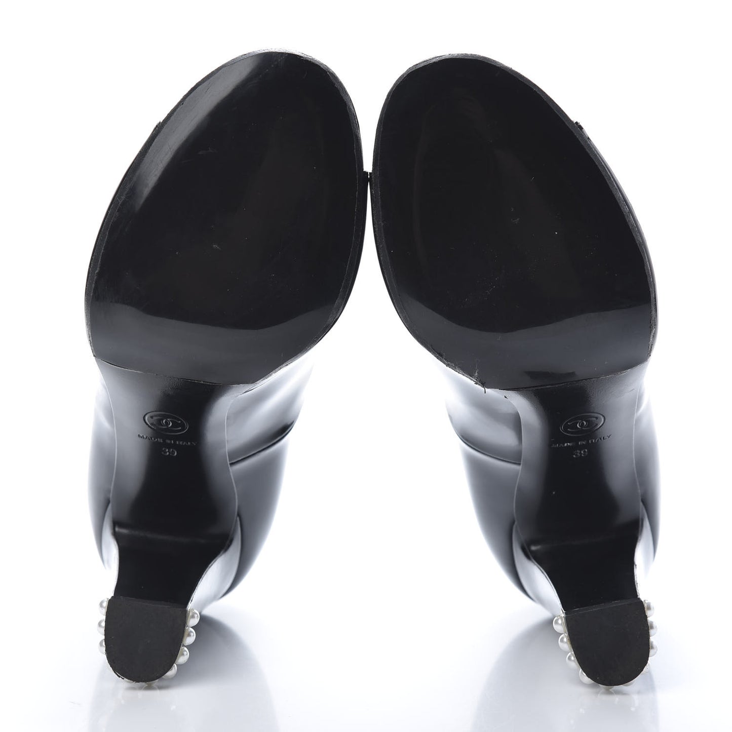 Patent Calfskin Pearl CC Open Toe Pumps 39 Black
