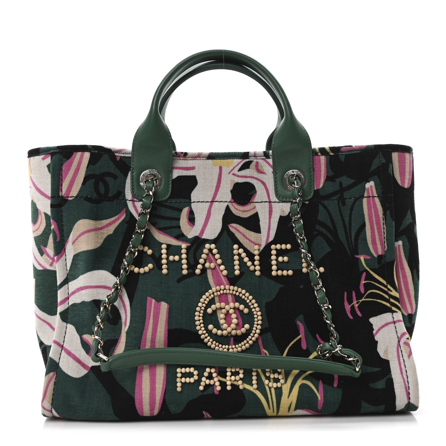 Chanel Velvet Calfskin Beaded Small Deauville Tote Pink Green Black 1 of 12