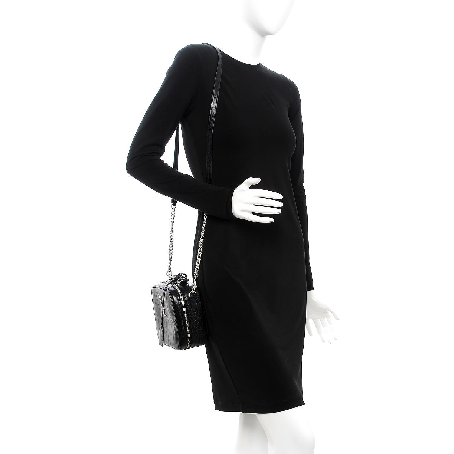 Saint Laurent Calfskin Croc Embossed Monogram Lunch Box Bag Black 2 of 6