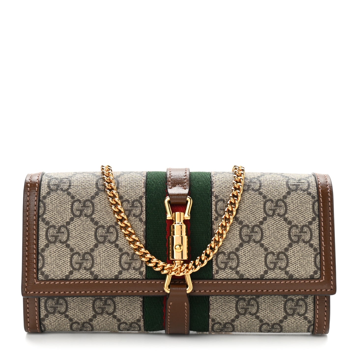 GG Supreme Monogram Azalea Calfskin Web Jackie 1961 Chain Wallet Beige Ebony Brown Sugar