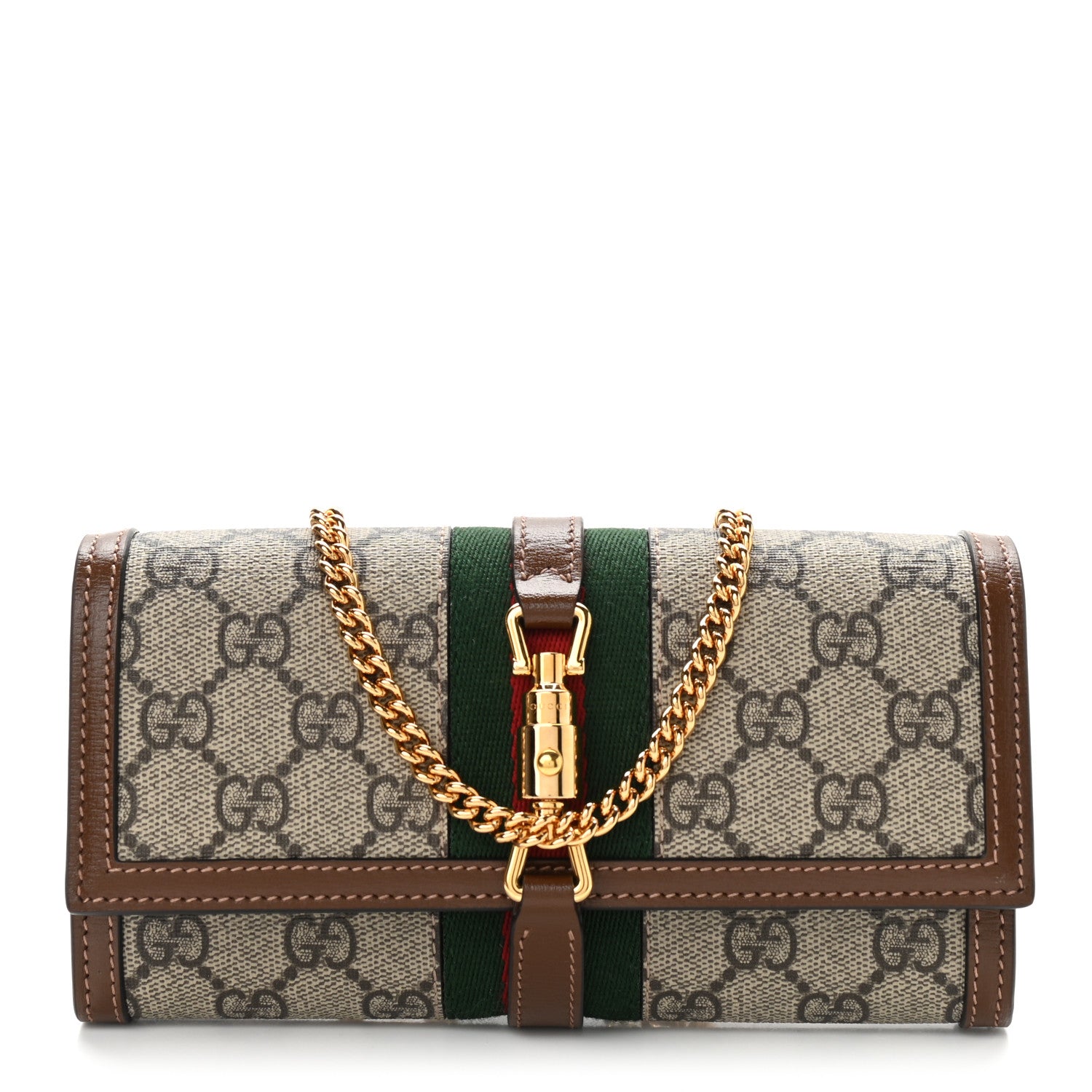 Gucci GG Supreme Monogram Azalea Calfskin Web Jackie 1961 Chain Wallet Beige Ebony Brown Sugar 1 of 11