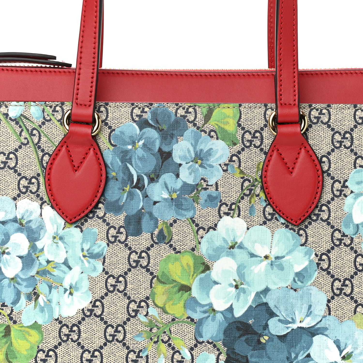 Gucci GG Supreme Monogram Blooms Medium Zippered Bucket Tote Beige Blue Navy Hibiscus Red 10 of 10