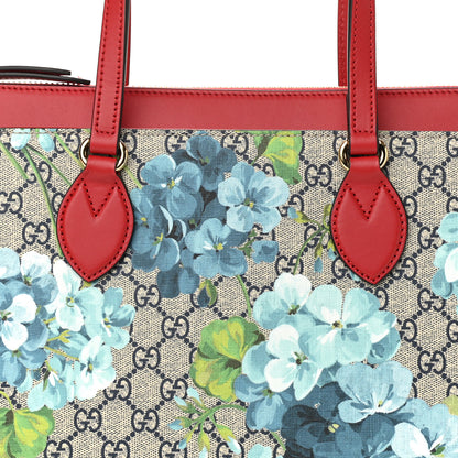Gucci GG Supreme Monogram Blooms Medium Zippered Bucket Tote Beige Blue Navy Hibiscus Red 10 of 10