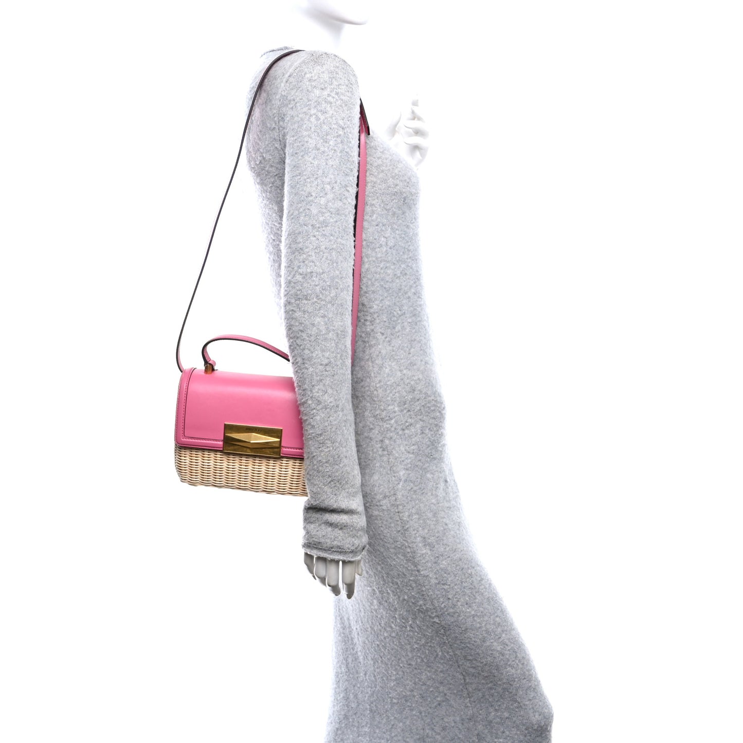 Wicker Calfskin Diamond Top Handle Bag Natural Pink