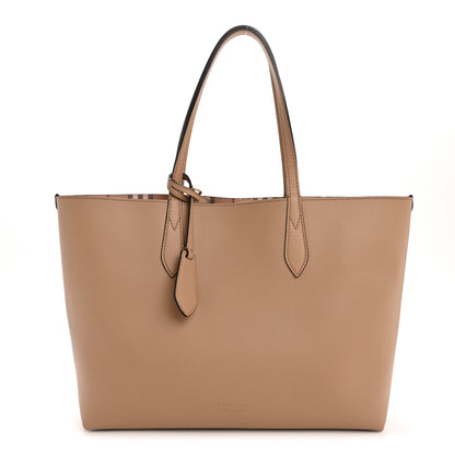 Burberry Grainy Calfskin Haymarket Check Medium Reversible Tote Camel 1 of 20