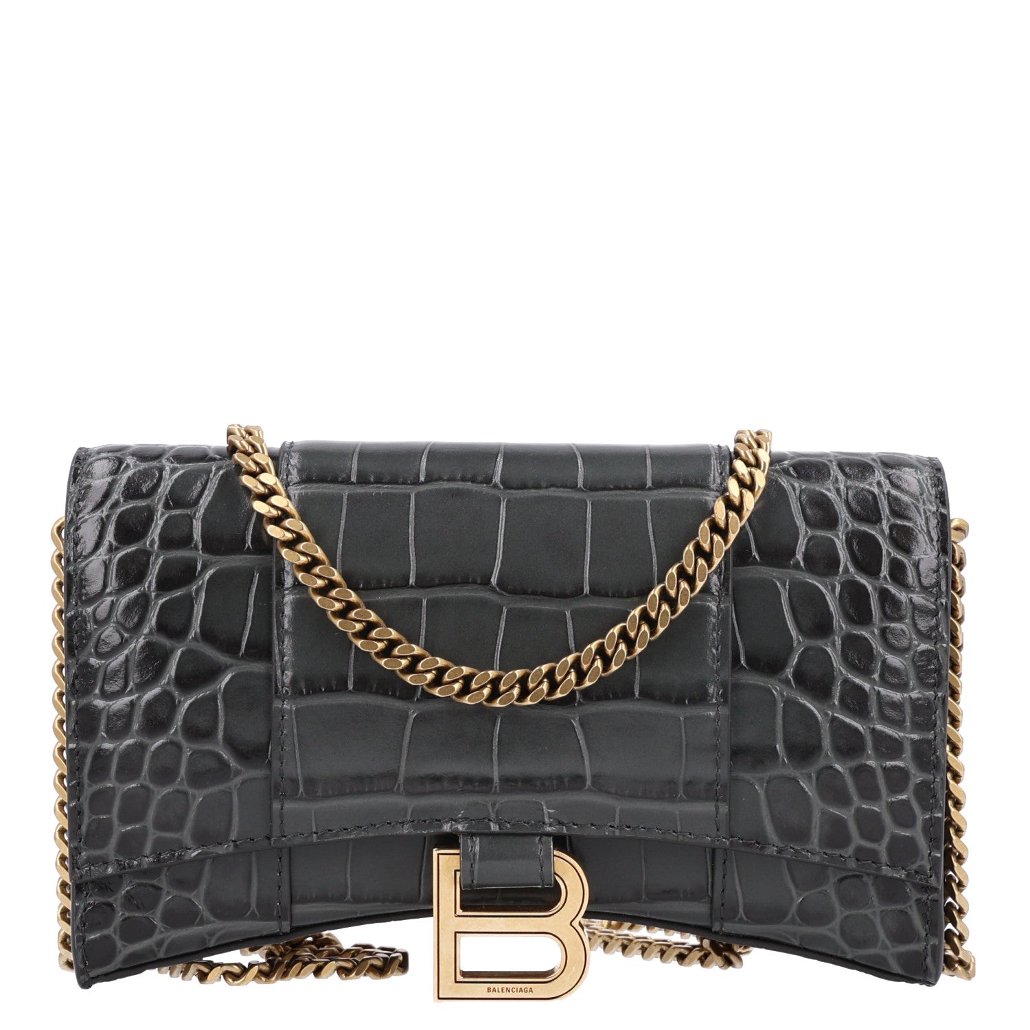 Balenciaga Shiny Calfskin Crocodile Embossed Hourglass Chain Bag Gris 1 of 9