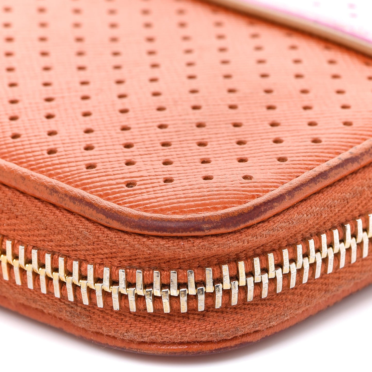 Saffiano Perforated Striped Zip Around Wallet Papaya Caramel