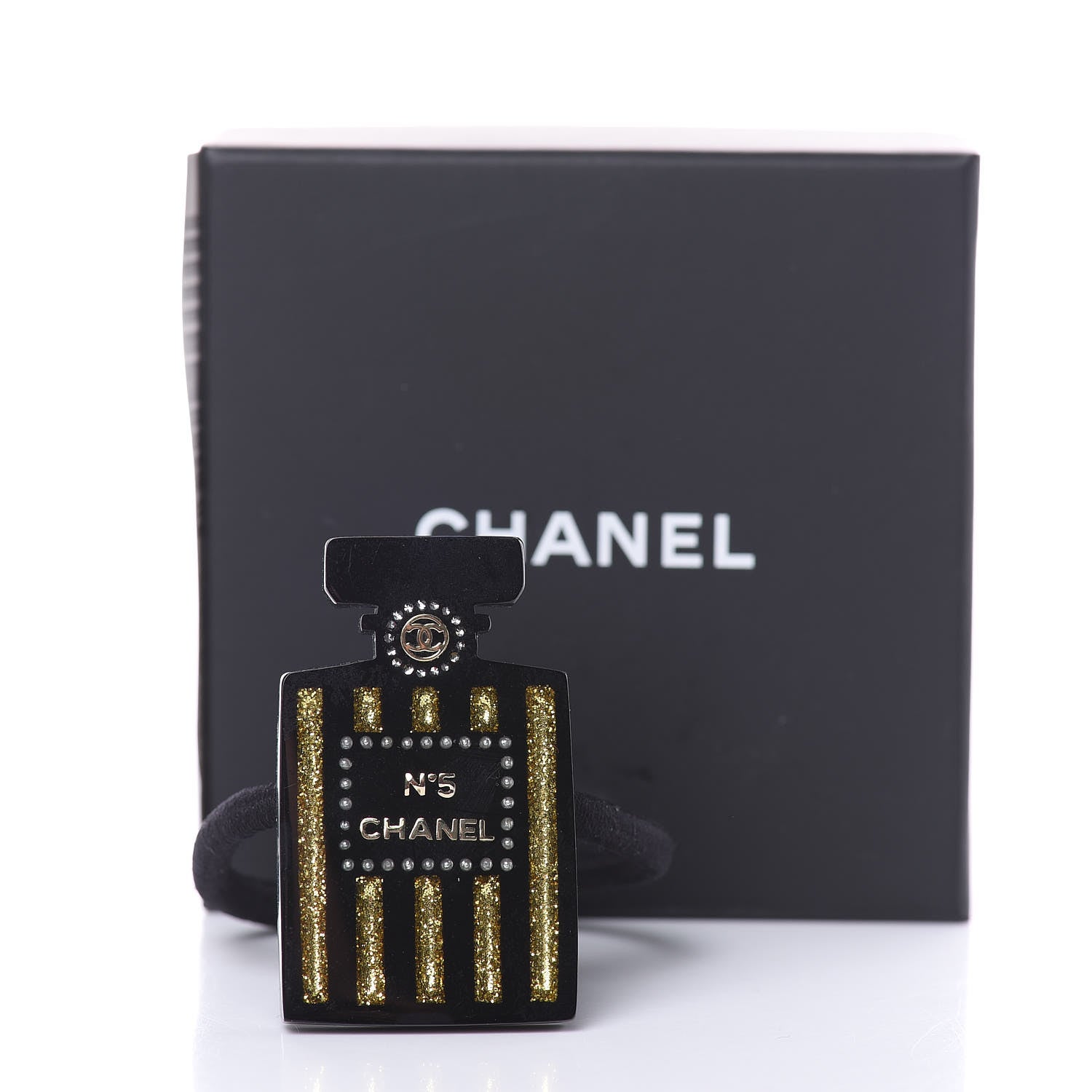 Chanel Resin Strass Perfume Bottle CC Hair Tie Black Gold 4 of 5
