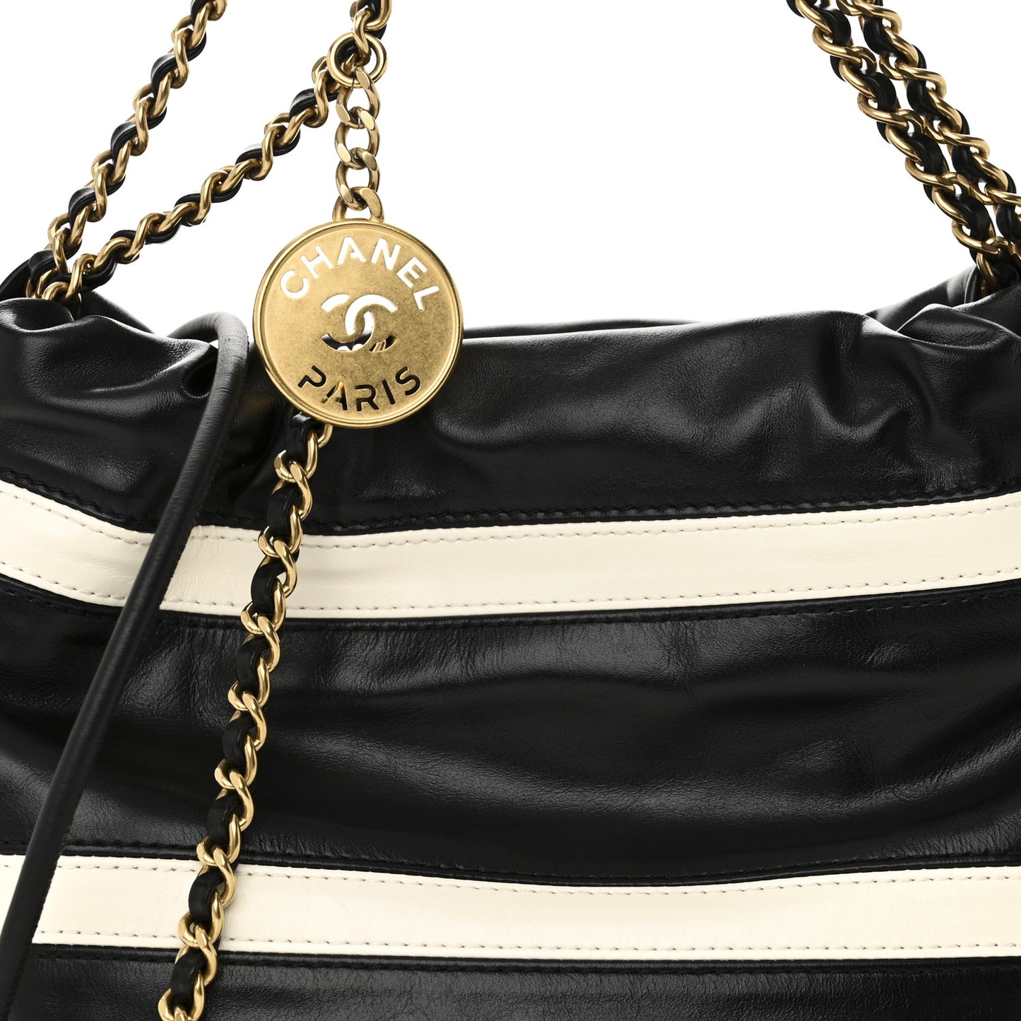 Shiny Calfskin Striped Mini Chanel 22 Black White