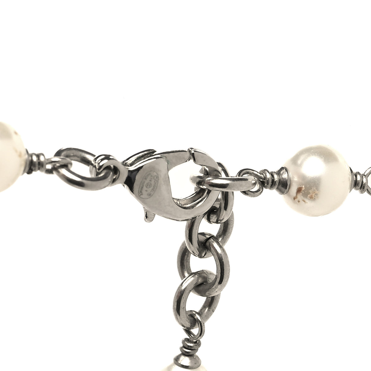 Graduated Pearl Crystal CC Long Necklace Silver