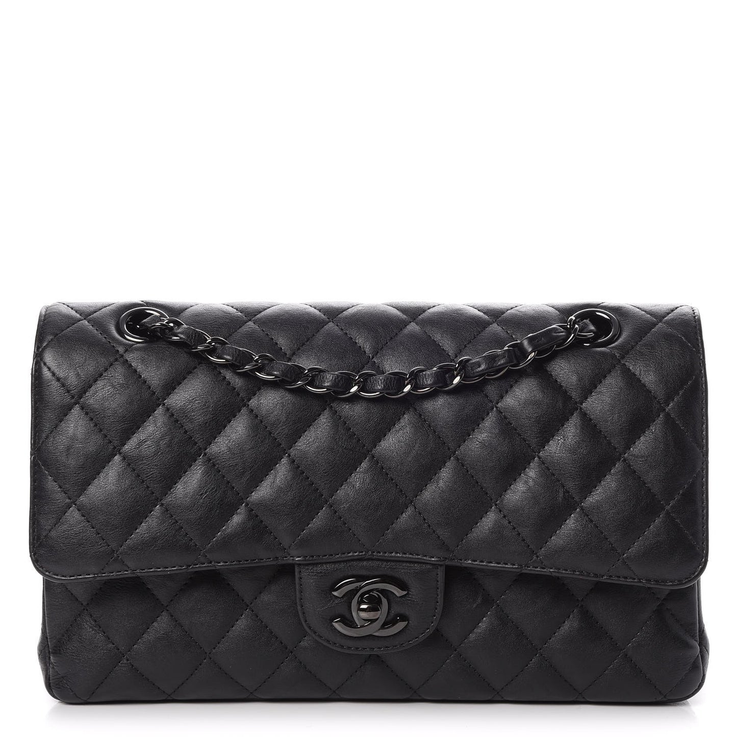Crumpled Calfskin Quilted Medium Double Flap So Black