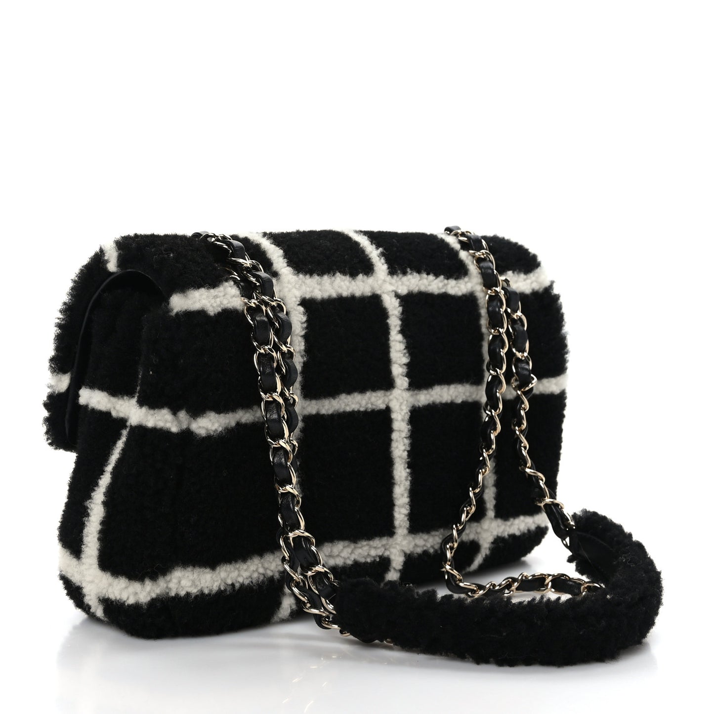Shearling Lambskin Large Fluffy Tartan Single Flap Black White