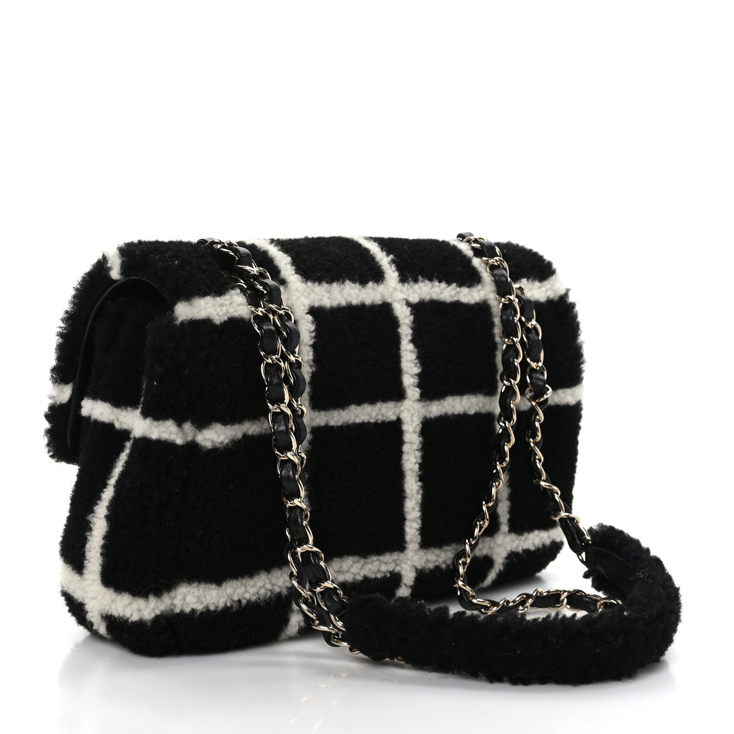 Chanel Shearling Lambskin Large Fluffy Tartan Single Flap Black White 3 of 9
