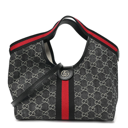 Gucci Denim GG Monogram Web Small Giglio Tote Blue White 1 of 11