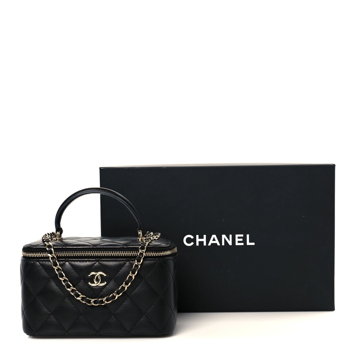 Lambskin Quilted Small Top Handle Vanity Case With Chain Black