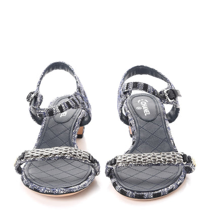 Chanel Tweed CC Chain Sandals 37.5 Navy Black 2 of 8