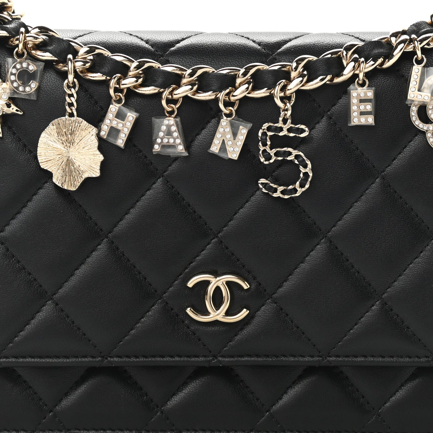 Lambskin Quilted Coco Charms Wallet On Chain Black