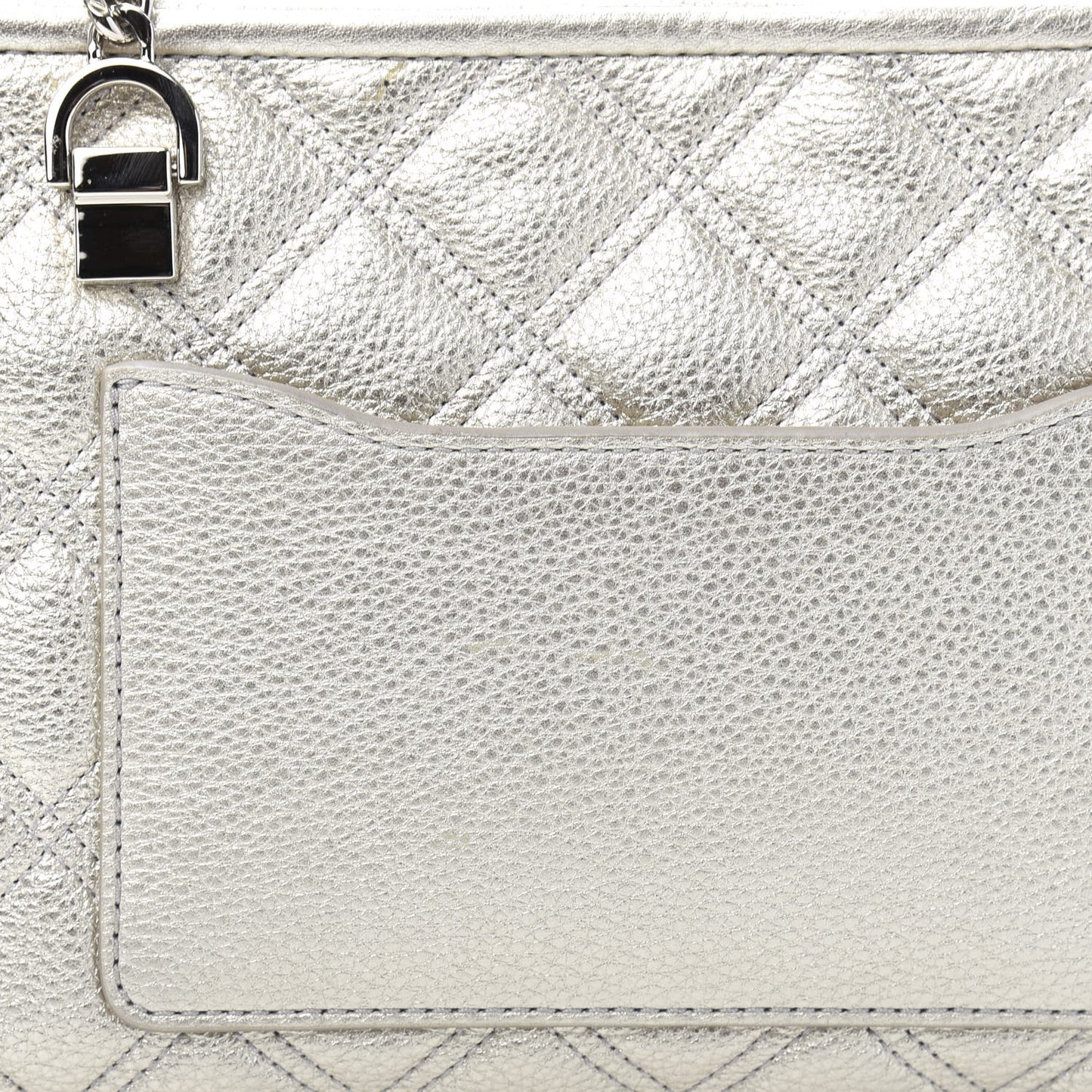Metallic Grained Calfskin Quilted Double Stitched The Status Shoulder Bag Silver