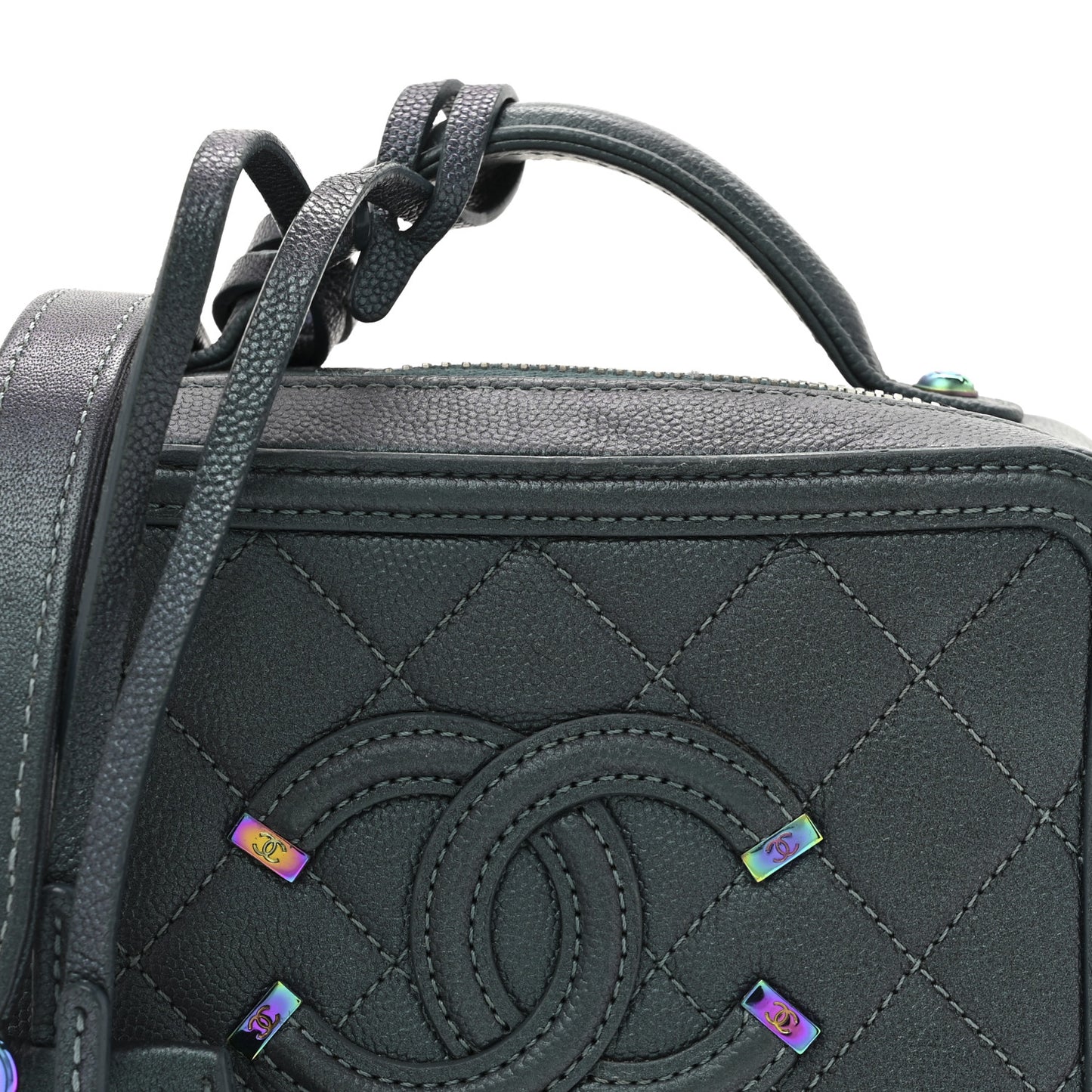 Iridescent Caviar Quilted Small CC Filigree Vanity Case Dark Turquoise