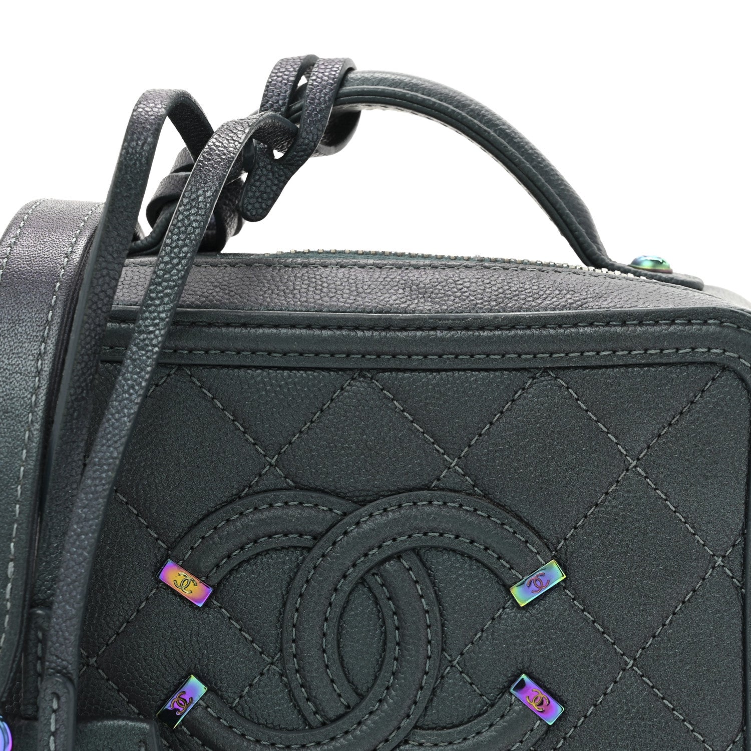 Chanel Iridescent Caviar Quilted Small CC Filigree Vanity Case Dark Turquoise 8 of 11