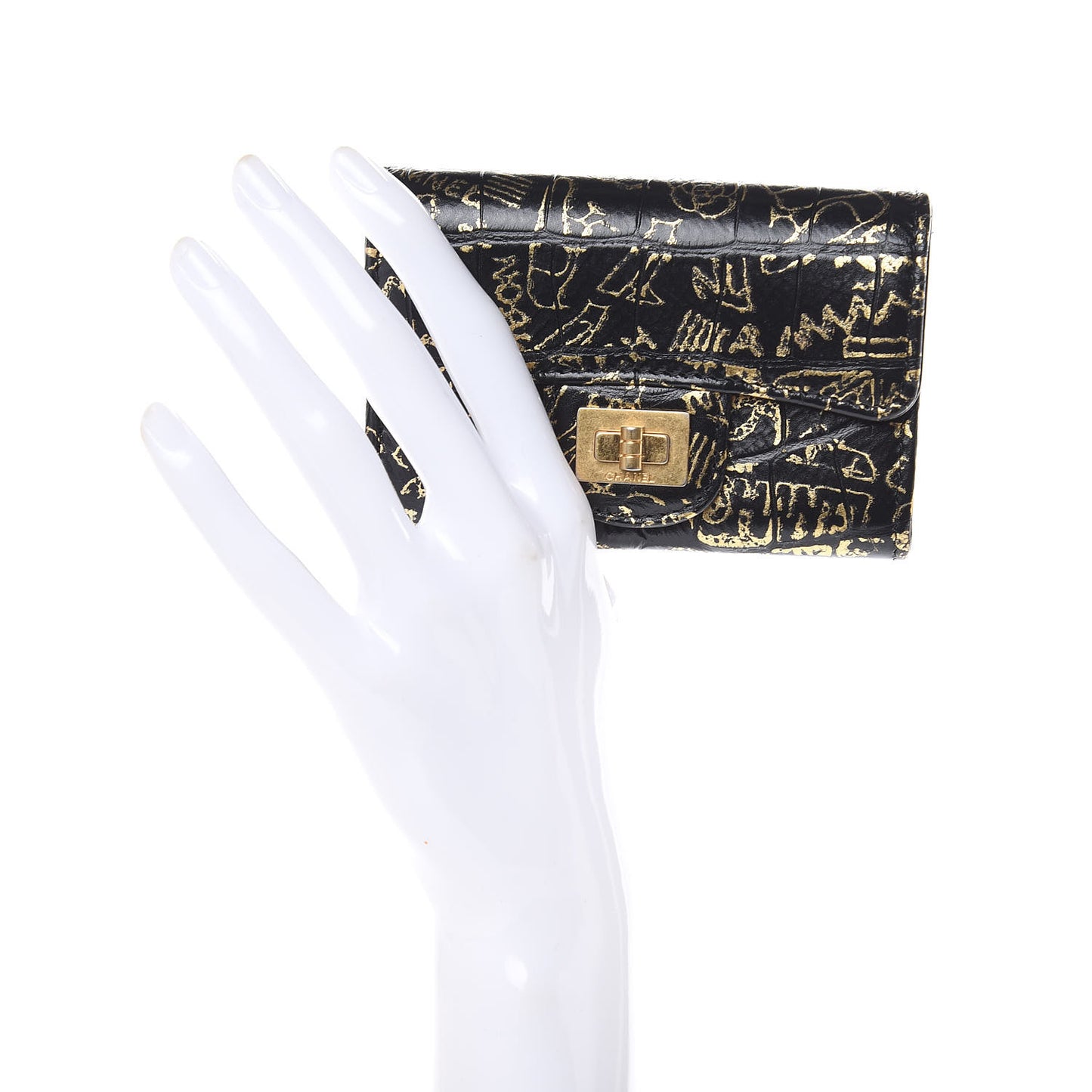 Calfskin Crocodile Embossed Graffiti 2.55 Cocodile Reissue Flap Card Holder Black Gold