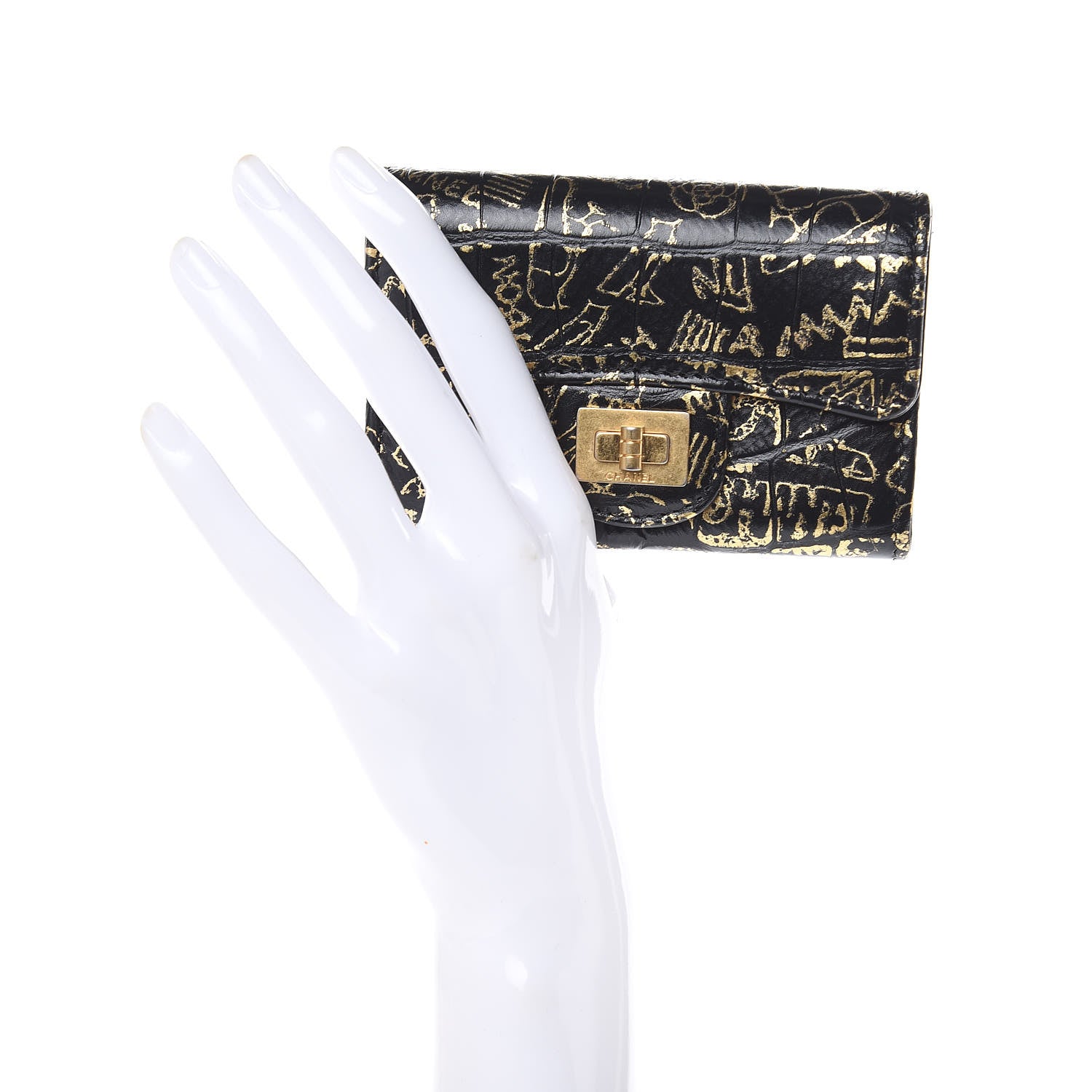 Chanel Calfskin Crocodile Embossed Graffiti 2.55 Cocodile Reissue Flap Card Holder Black Gold 2 of 9