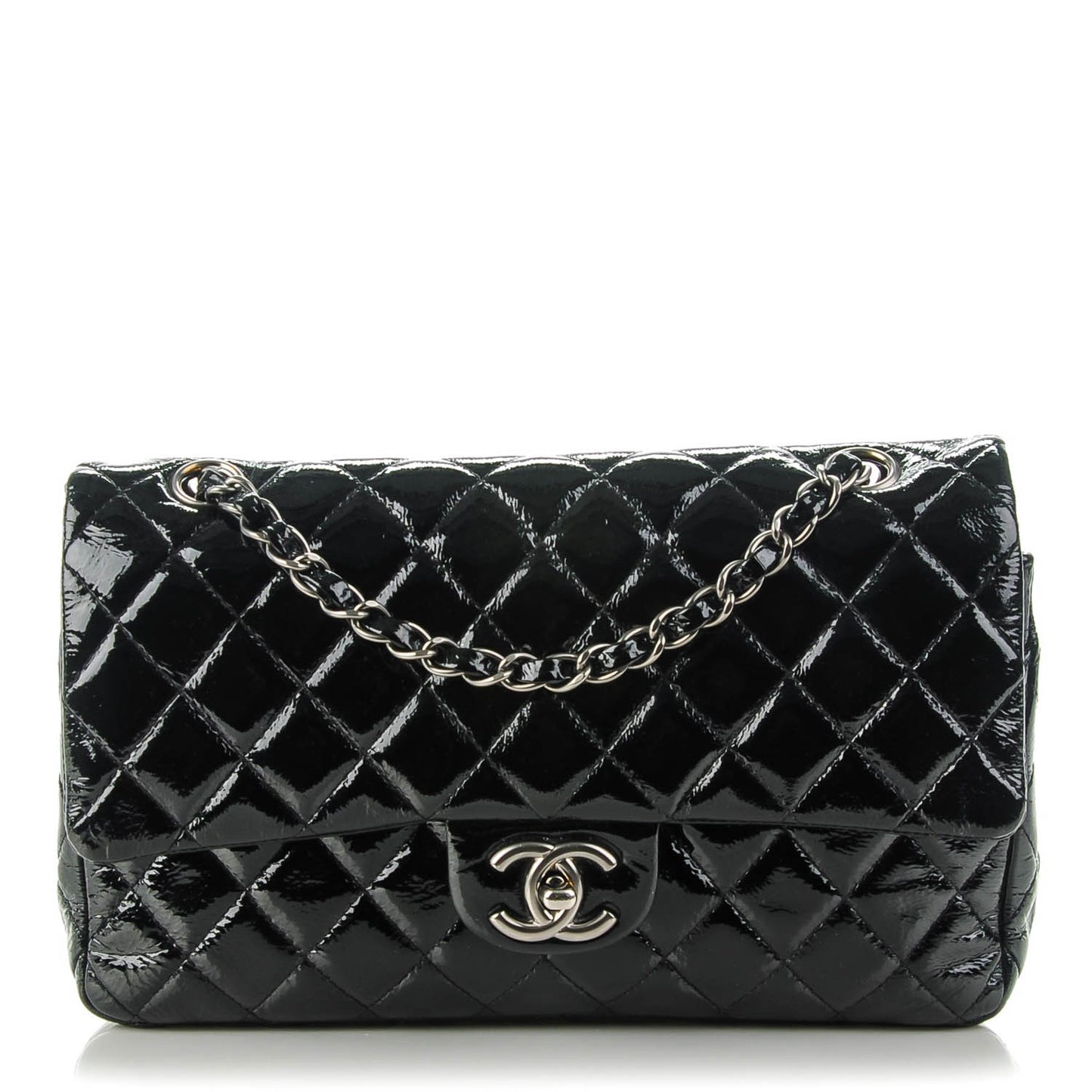 Distressed Patent Quilted Medium Double Flap Black