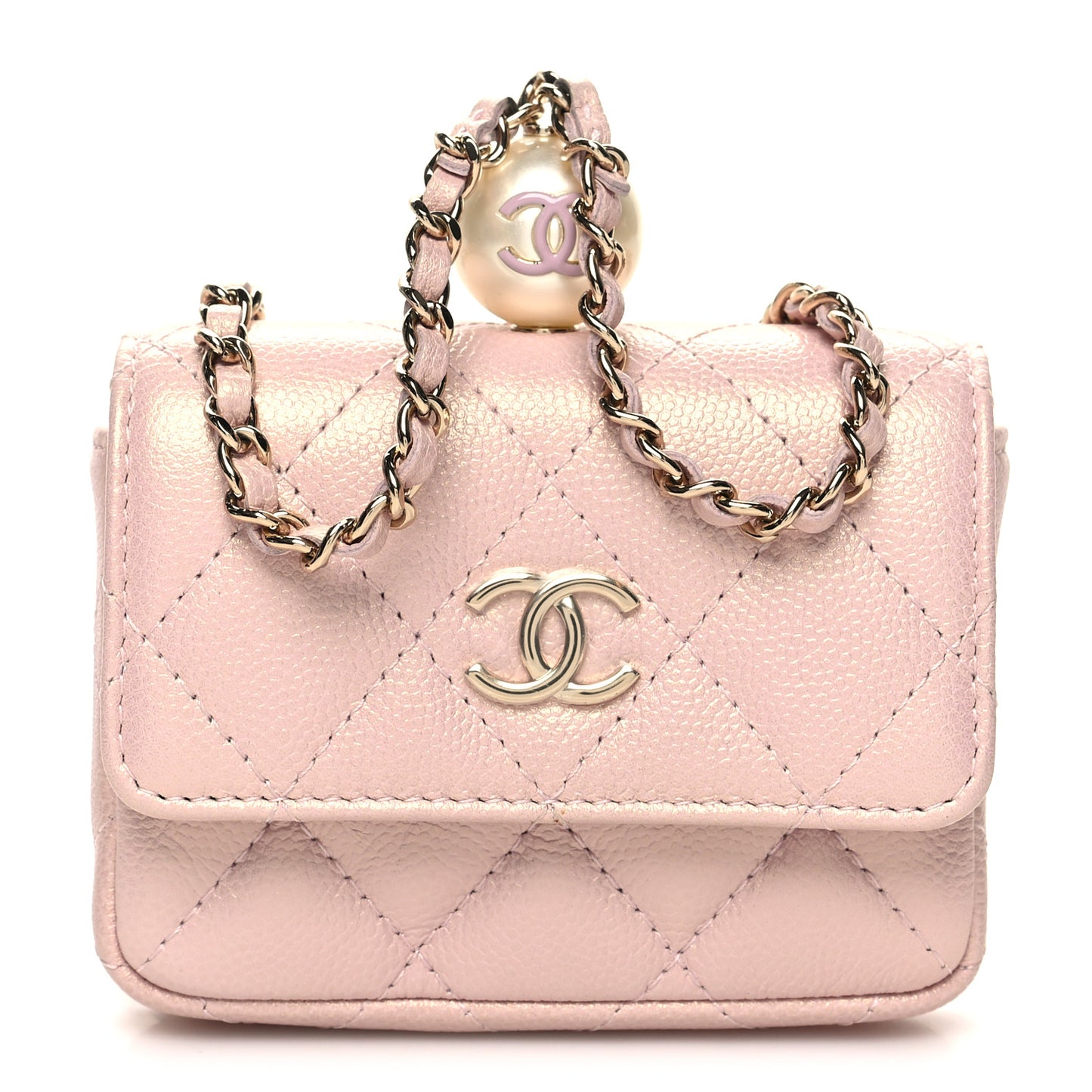 Iridescent Caviar Quilted Pearl On Top Coin Purse With Chain Light Pink