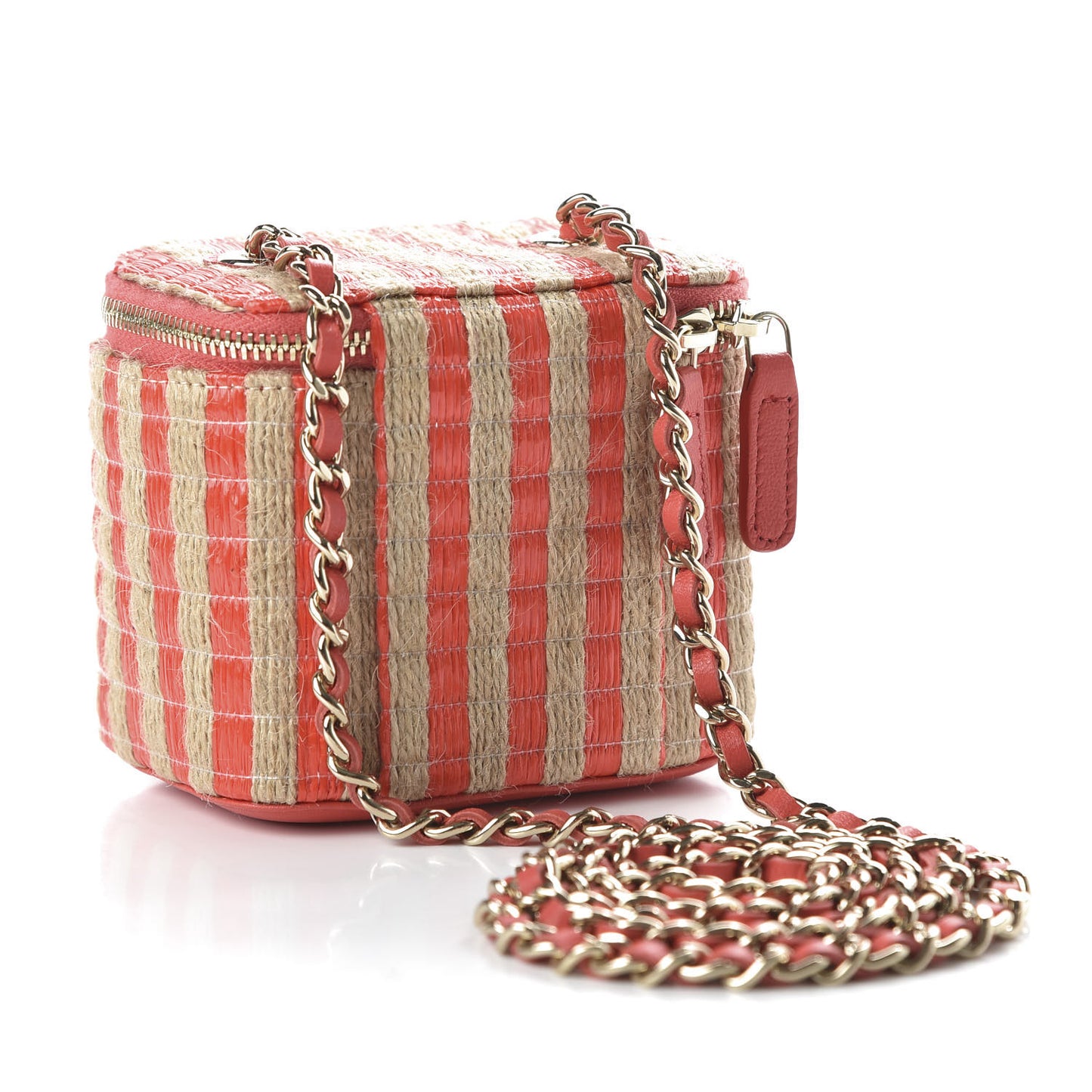 Raffia Jute Striped Mini Vanity Case With Chain Red Beige