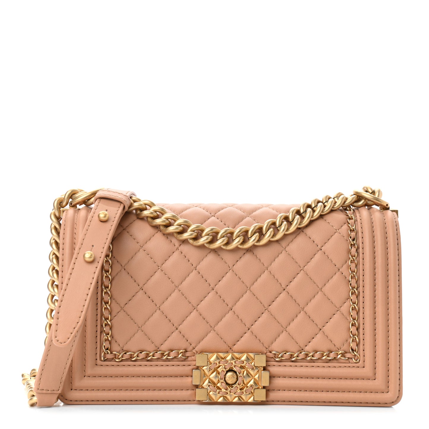 Calfskin Quilted Medium Chain Detail Boy Flap Light Brown