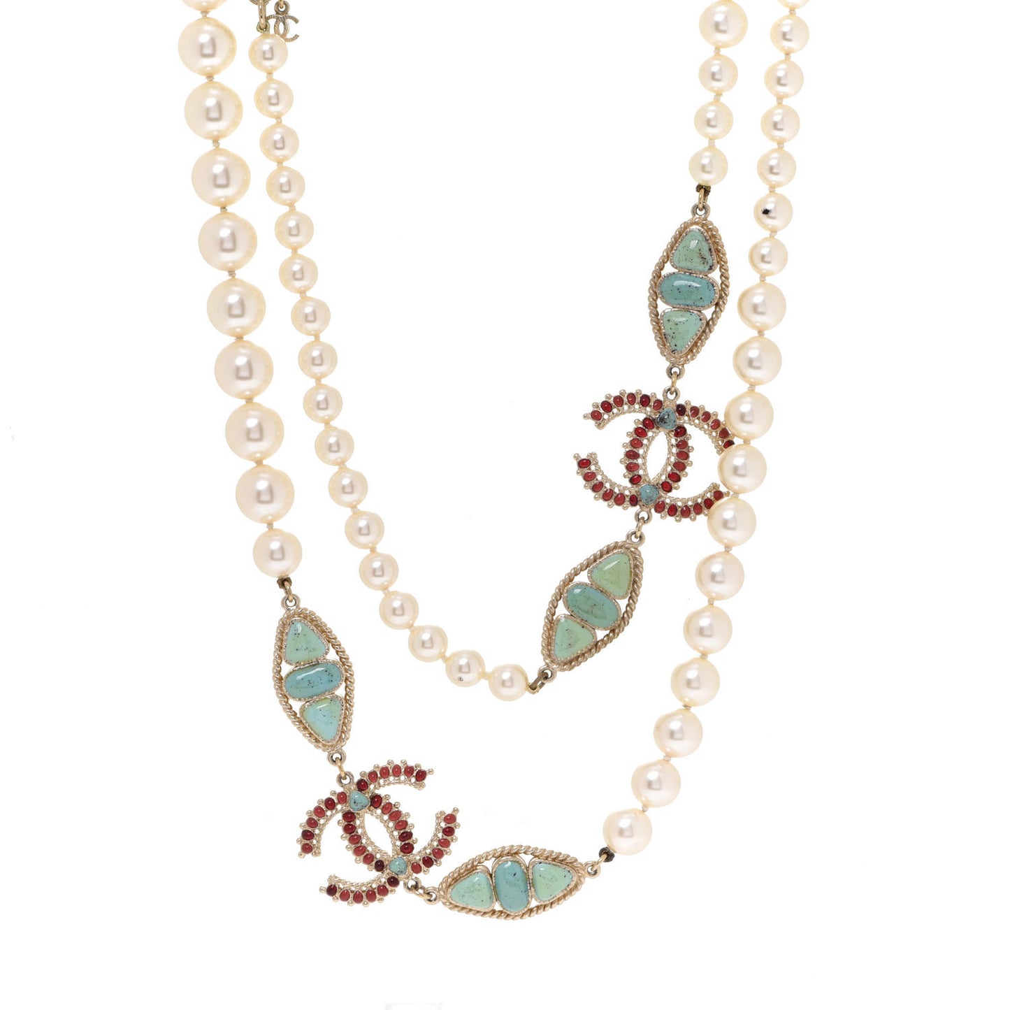 Pearl Gripoix CC Long Strand Necklace Turquoise Burgundy