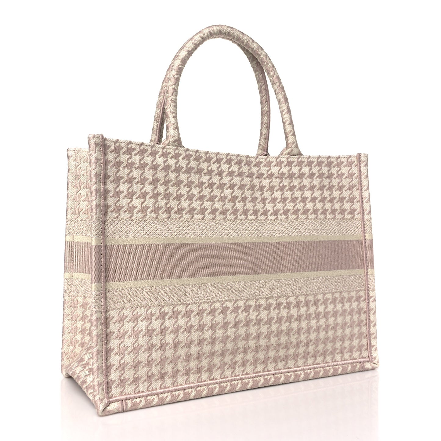 Canvas Macro Houndstooth Embroidered Medium Book Tote Pink White