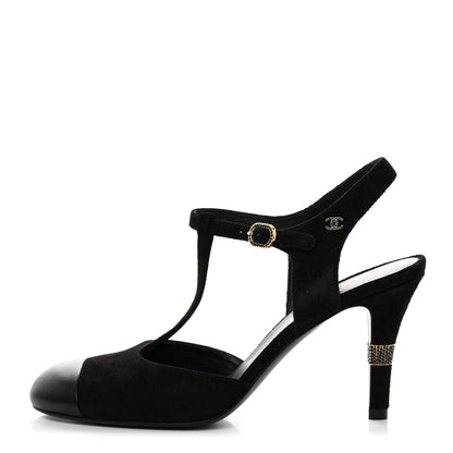 Chanel Suede Lambskin Cap Toe Crystal Slingback Pumps 37 Black 1 of 9