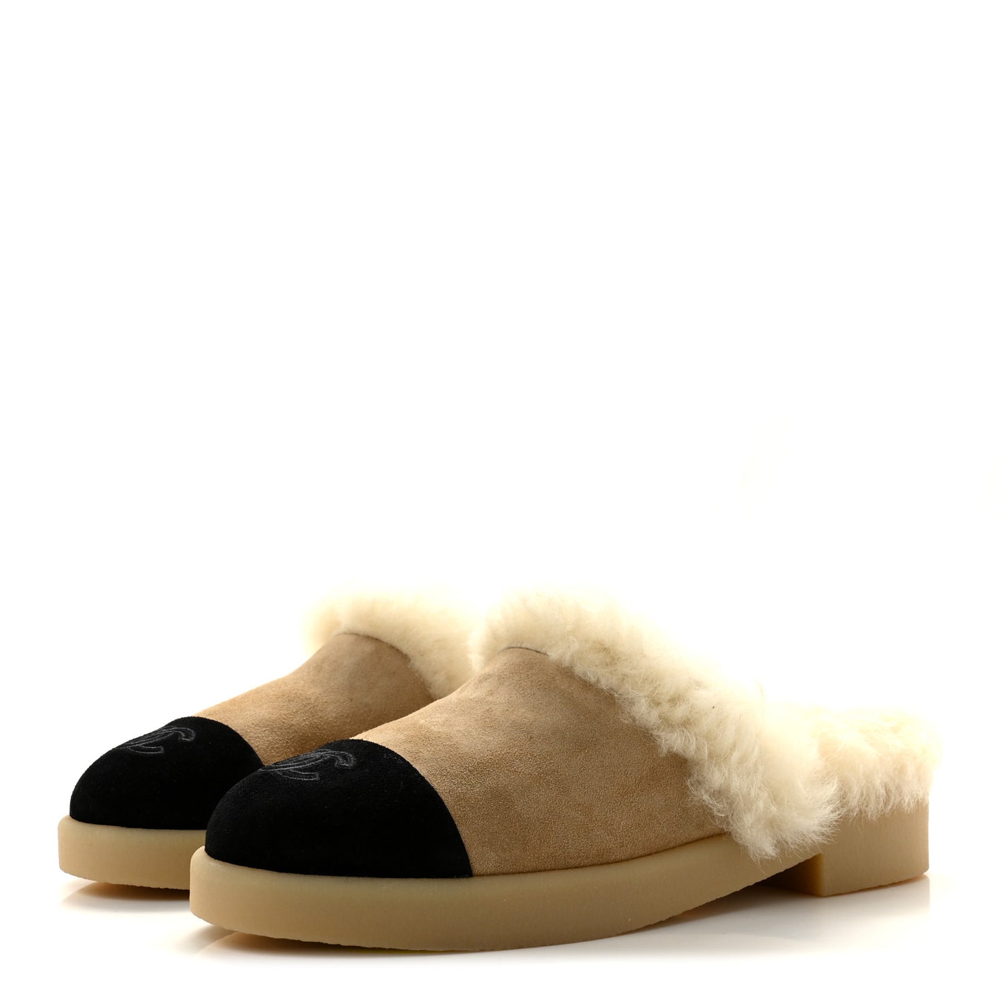 Suede Shearling CC Cap Toe Mules 40 Beige Black